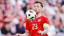 Dua gol Denmark dicetak Pierre-Emile Hojbjerg di menit ke-2 dan Christian Eriksen pada menit ke-86. (Liselotte Sabroe / Ritzau Scanpix / AFP)