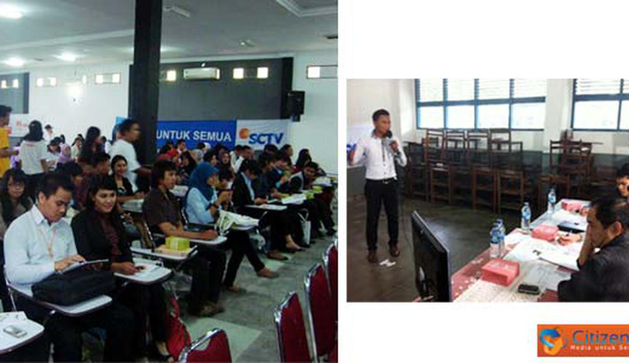Sejumlah peserta workshop SCTV Goes to Campus yang digelar di Gedung Fisip Universitas Sumatra Utara, Medan (kiri). Audisi lomba presenter dalam ajang SGTC di Medan, Sumatra Utara.(foto: Hasto Ajie)