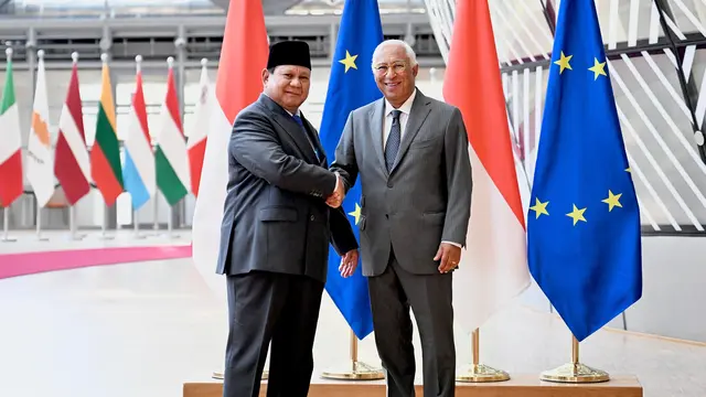Presiden Prabowo Subianto melakukan pertemuan bilateral dengan Presiden Dewan Eropa, António Costa di Gedung Europa, Brussel, Belgia, Minggu, 14 Juli 2025. Kedatangan Prabowo disambut secara resmi oleh Presiden Costa di Gedung Europa.
