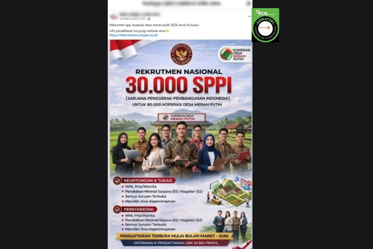 Cek Fakta Liputan6.com mendapati klaim link pendaftaran rekrutmen 30.000 SPPI Koperasi Desa Merah Putih 2026.