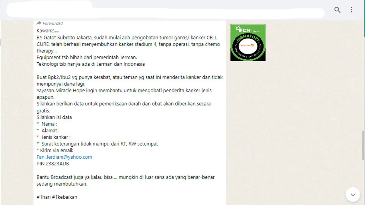 Tangkapan layar RS Gatot Subroto menyelenggarakan pengobatan tumor ganas tanpa operasi dan kemoterapi