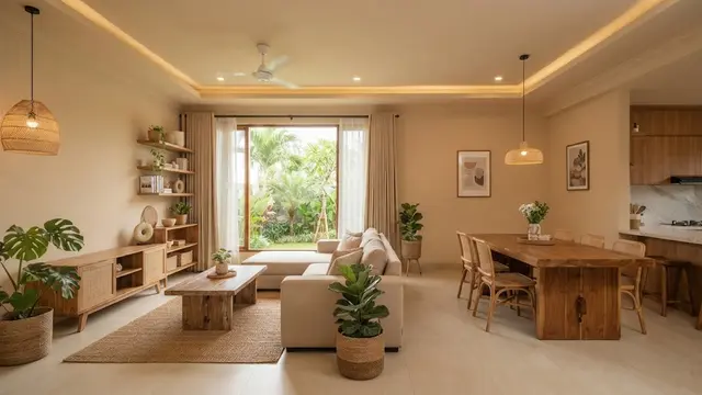 Ide warna plafon selain putih yang tetap membuat ruangan terlihat lapang model beige untuk plafon dan dinding senada