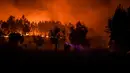 Petugas pemadam kebakaran berusaha memadamkan api di desa Cardigos di Macao, Portugal tengah (21/7/2019). Empat petugas pemadam kebakaran dilaporkan tersengat api, dan tiga lainnya terluka setelah mobil mereka bertabrakan satu sama lain. (AFP Photo/Patricia De Melo Moreira)