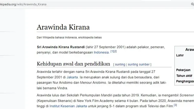 Profil Arawinda Kirana diubah jadi pelakor pada Rabu (06/07/2022)