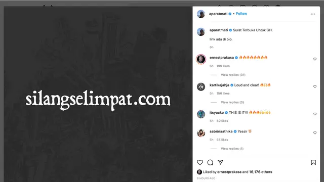 Unggahan Arian soal surat terbuka untuk Gofar Hilman. (Foto: Dok. Instagram terverifikasi @aparatmati)