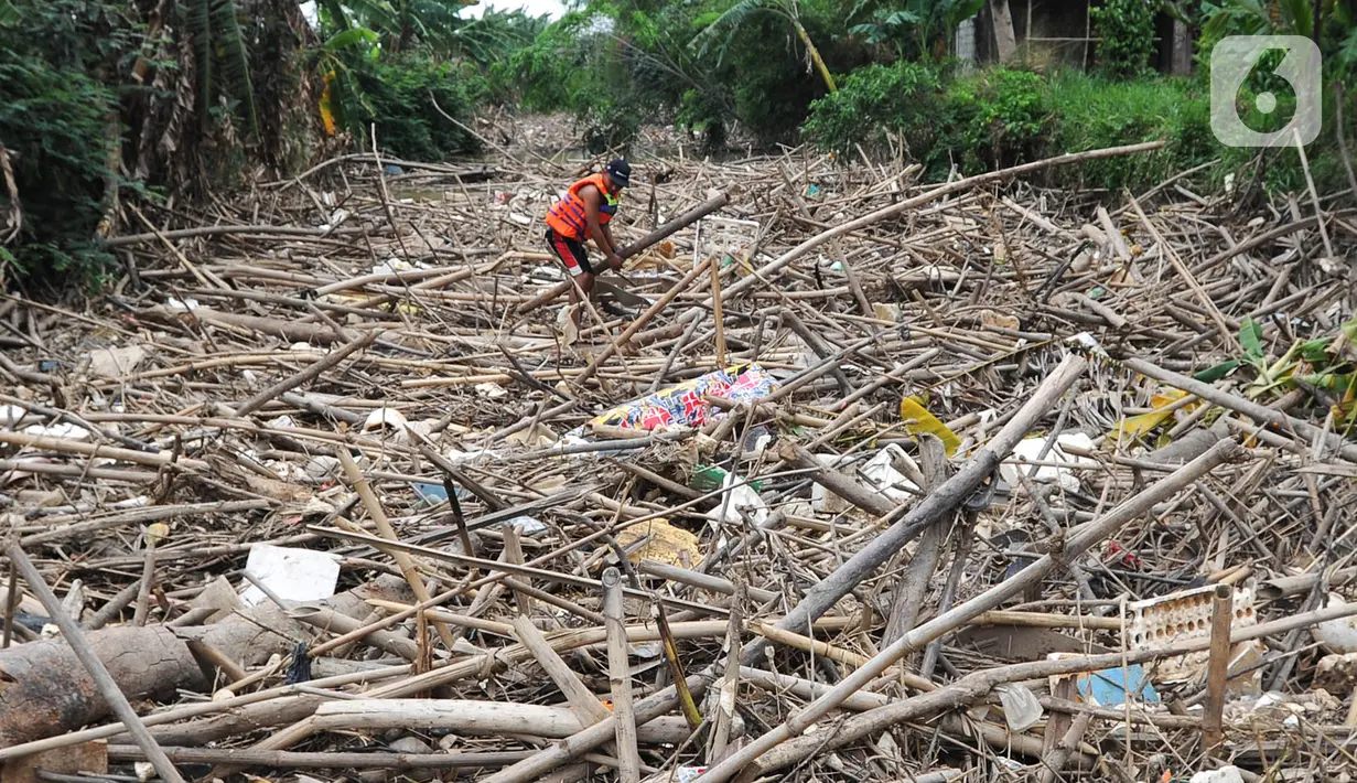 Petugas gabungan membersihkan tumpukan sampah yang menyumbat aliran air Sungai Cikeas di kawasan Bendung Koja Jatiasih, Bekasi, Jawa Barat, Rabu (16/10/2019). Pembersihan sekitar 1.200 meter kubik sampah bambu tersebut diperkirakan menghabiskan waktu dua minggu. (merdeka.com/Arie Basuki)
