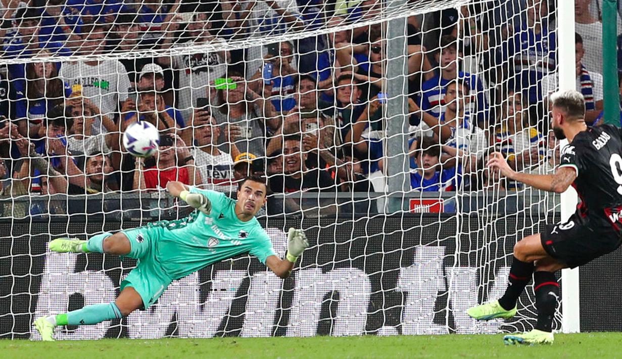 Pemain AC Milan Olivier Giroud mencetak gol ke gawang Sampdoria pada pertandingan sepak bola Serie A Liga Italia di Genova, Italia, 10 September 2022. AC Milan menang dengan skor 2-1 atas Sampdoria. (Tano Pecoraro/LaPresse via AP)