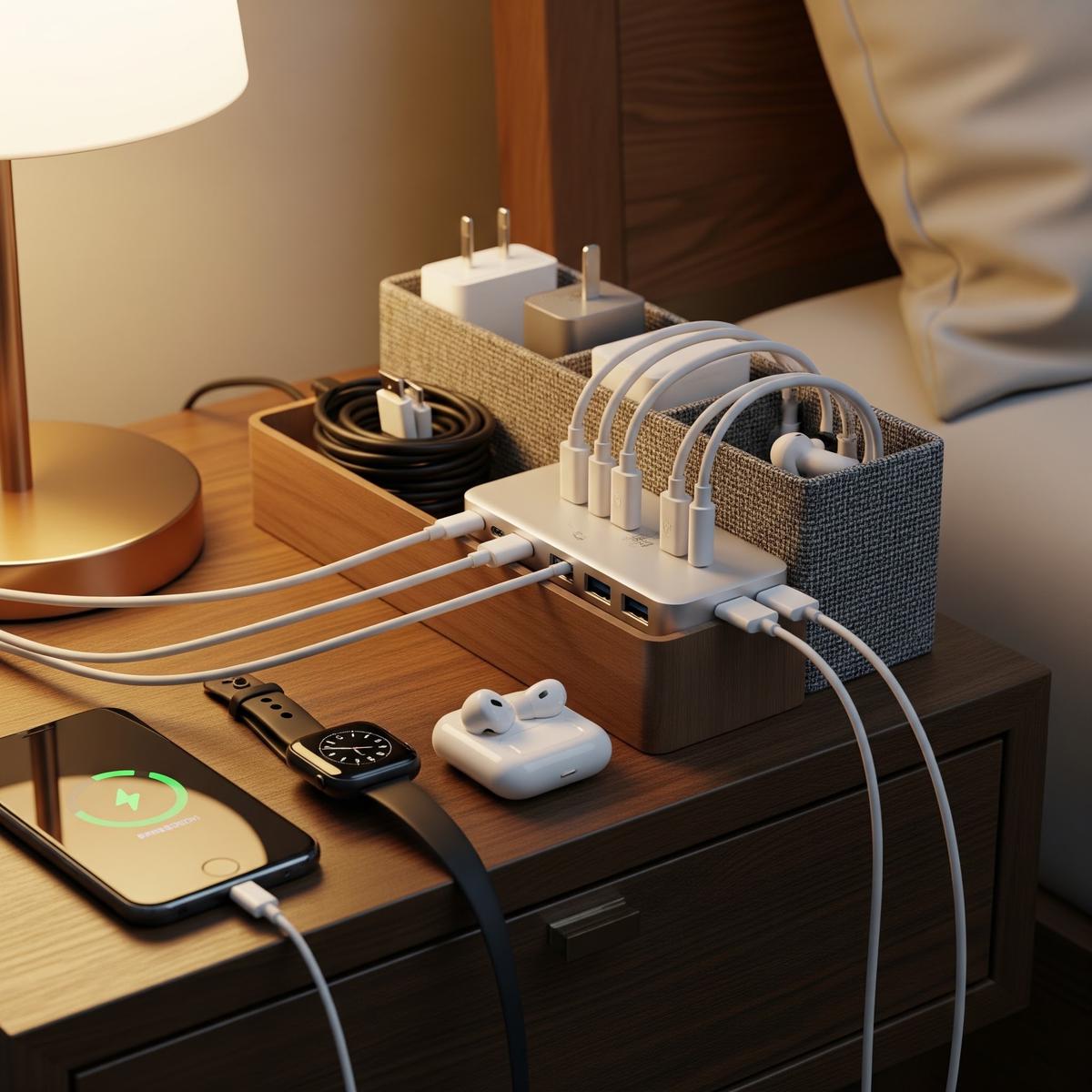Menata Kabel Charger agar Meja Samping Tempat Tidur Rapi (AI Generated)
