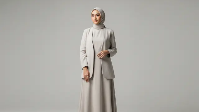 Gamis Polos A-Line dengan Blazer Tanpa Kancing Warna Senada