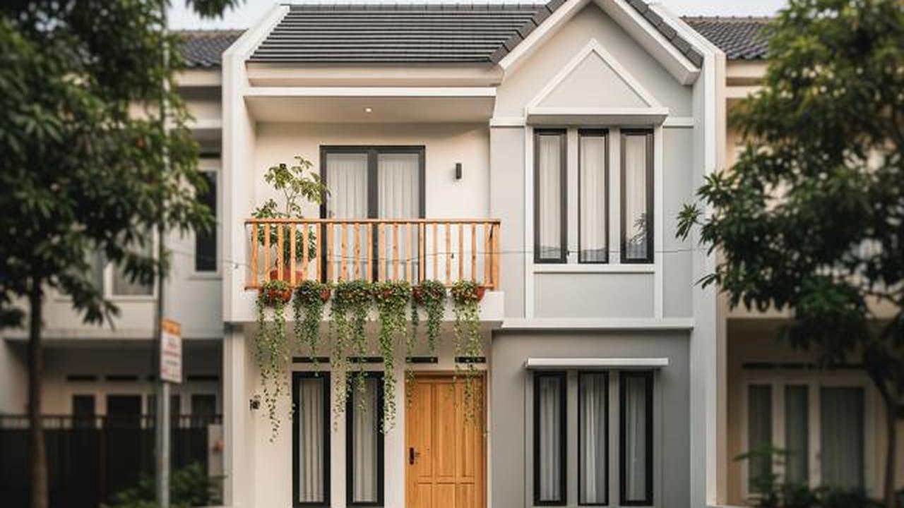 Rumah Mungil Bergaya Skandinavian dengan Balkon Kayu/Desain Tampak Depan Rumah Mungil dengan Balkon Mini (Sumber: gemini.com)